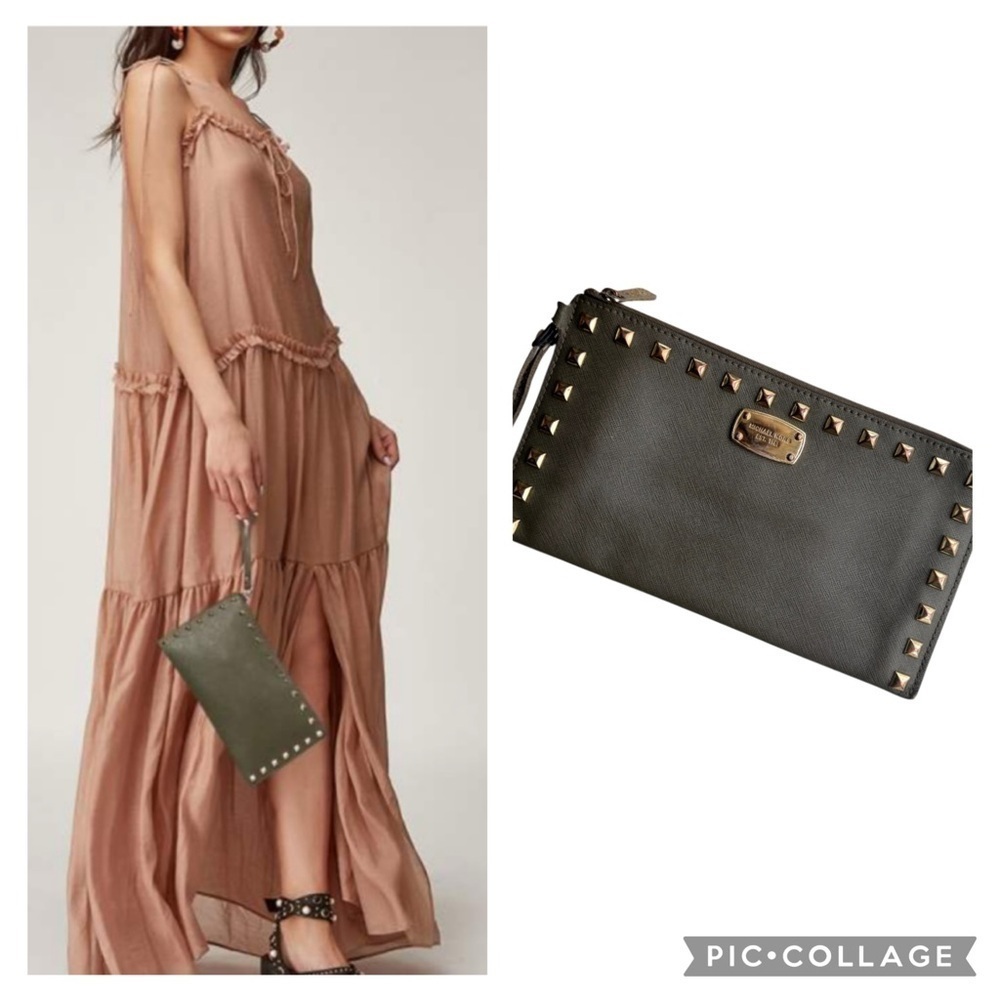 MICHAEL Michael Kors Olive Green Studded Leather Large Sandrine Zip Clutch